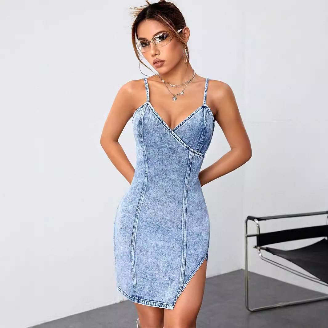 Womens Denim Dress Slim Fit V Neck Backless Asymmetrical Design Casual Summer Wear Wholesale Available