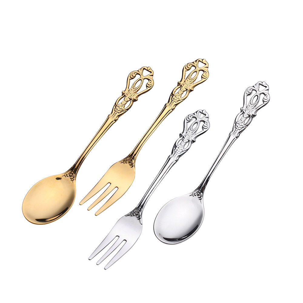 Royal Court hollow relief dessert spoon three-tooth fork stirring spoon suit European-style carved tableware gift retro spoon