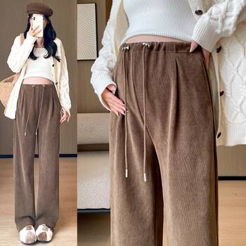 Maternity Pants for Autumn and Winter, Wide-Leg Pants with Fleece Lining, Thickened, Belly Support, Warm, Loose, Casual Long Pants for Autumn and Winter Wear