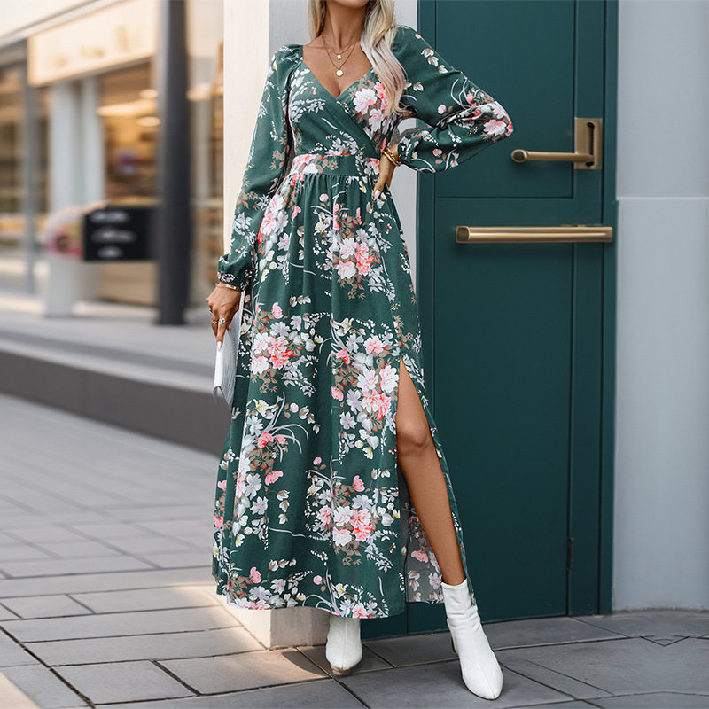 Womens Long Sleeve V Neck Floral Dress Autumn Style European and American Fashion Wholesale Available