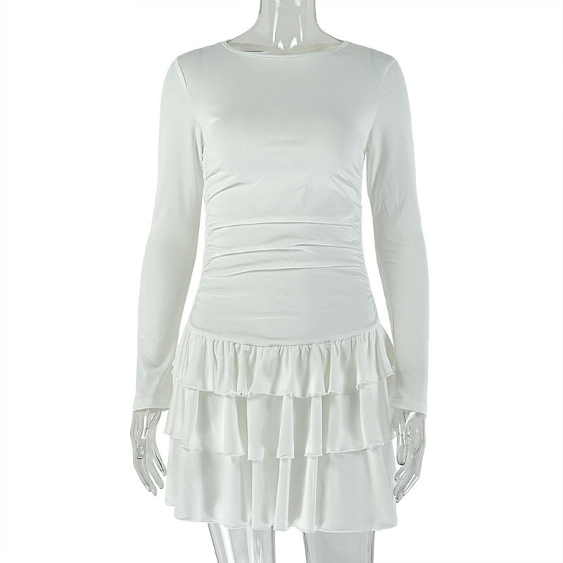 Elegant Womens Pleated Dress Solid Color Slim Fit Long Sleeve Round Neck Chic Casual Wear for Spring Fall OEM
