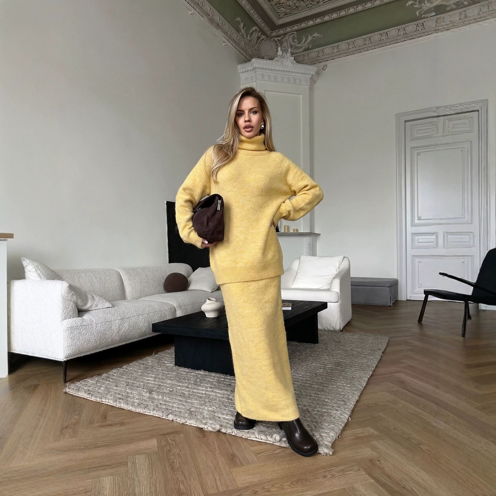 Womens Loose Knit Sweater and Wide Leg Pants Set Wool Blend Autumn Winter Casual Style Wholesale Available