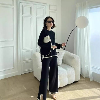 2024 autumn new temperament contrast color split long sleeve sweater high waist slim wide leg pants pants two-piece suit