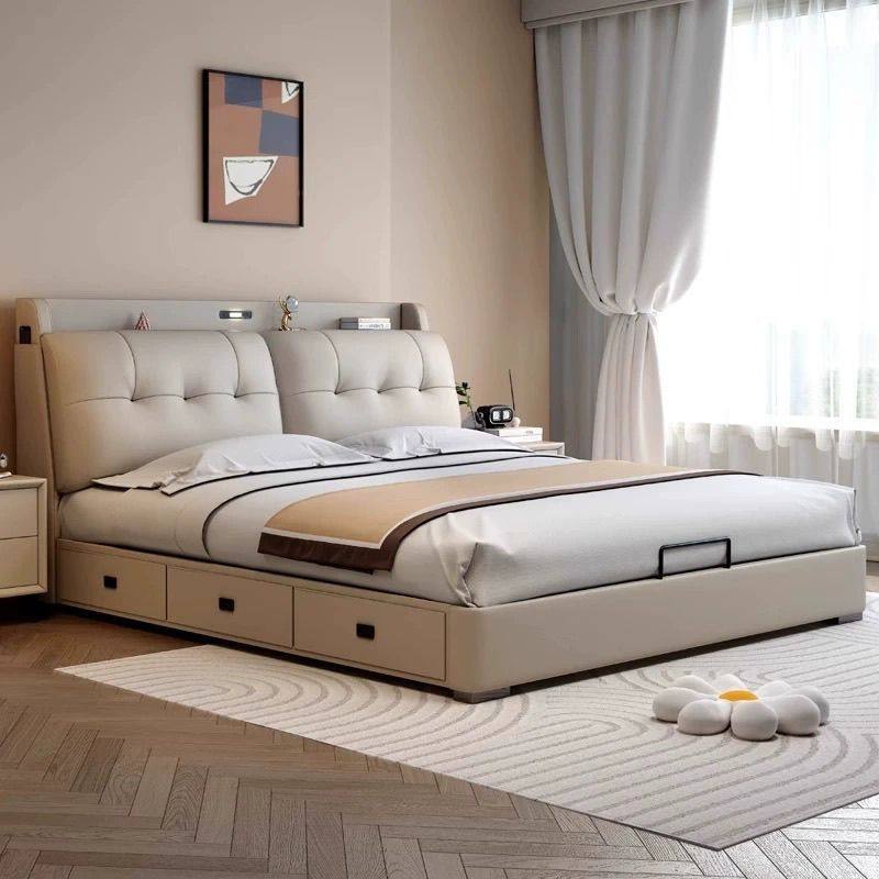 Modern Minimalist Master Bedroom Bed with Drawers, Home Double Bed, Multifunctional Storage Wedding Bed, Soft Leather Art Bed