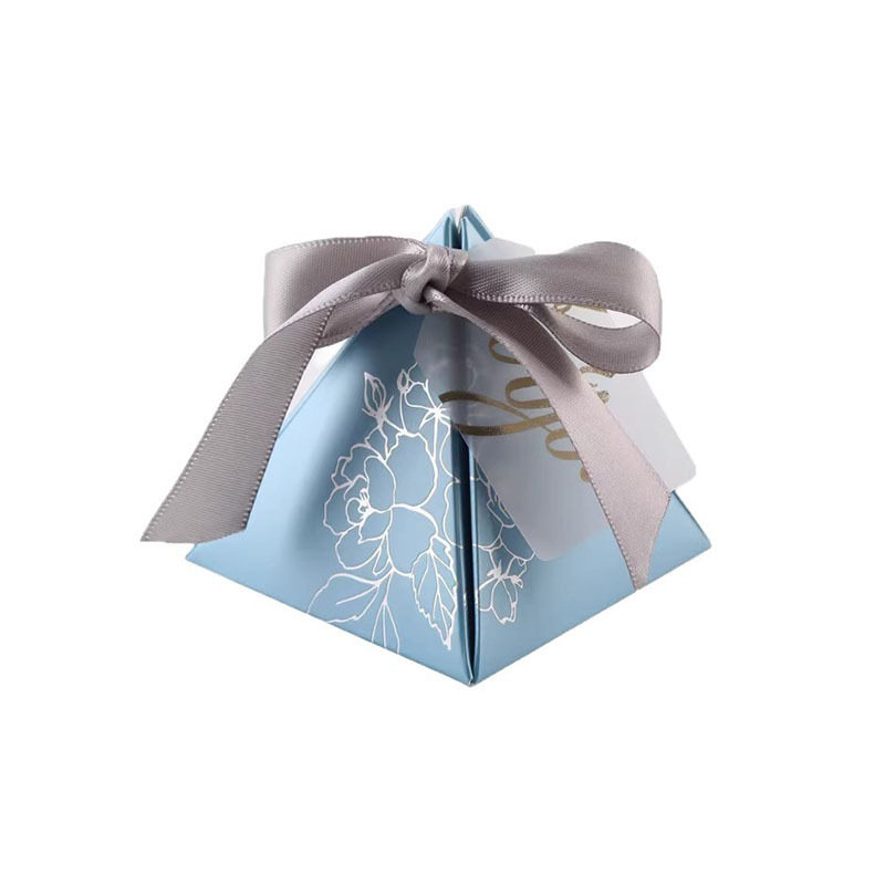 Mist Blue Gold-Stamped Wedding Candy Box Tiktok Creative European-Style Ins Fresh Gift Triangle Wedding Box Wholesale