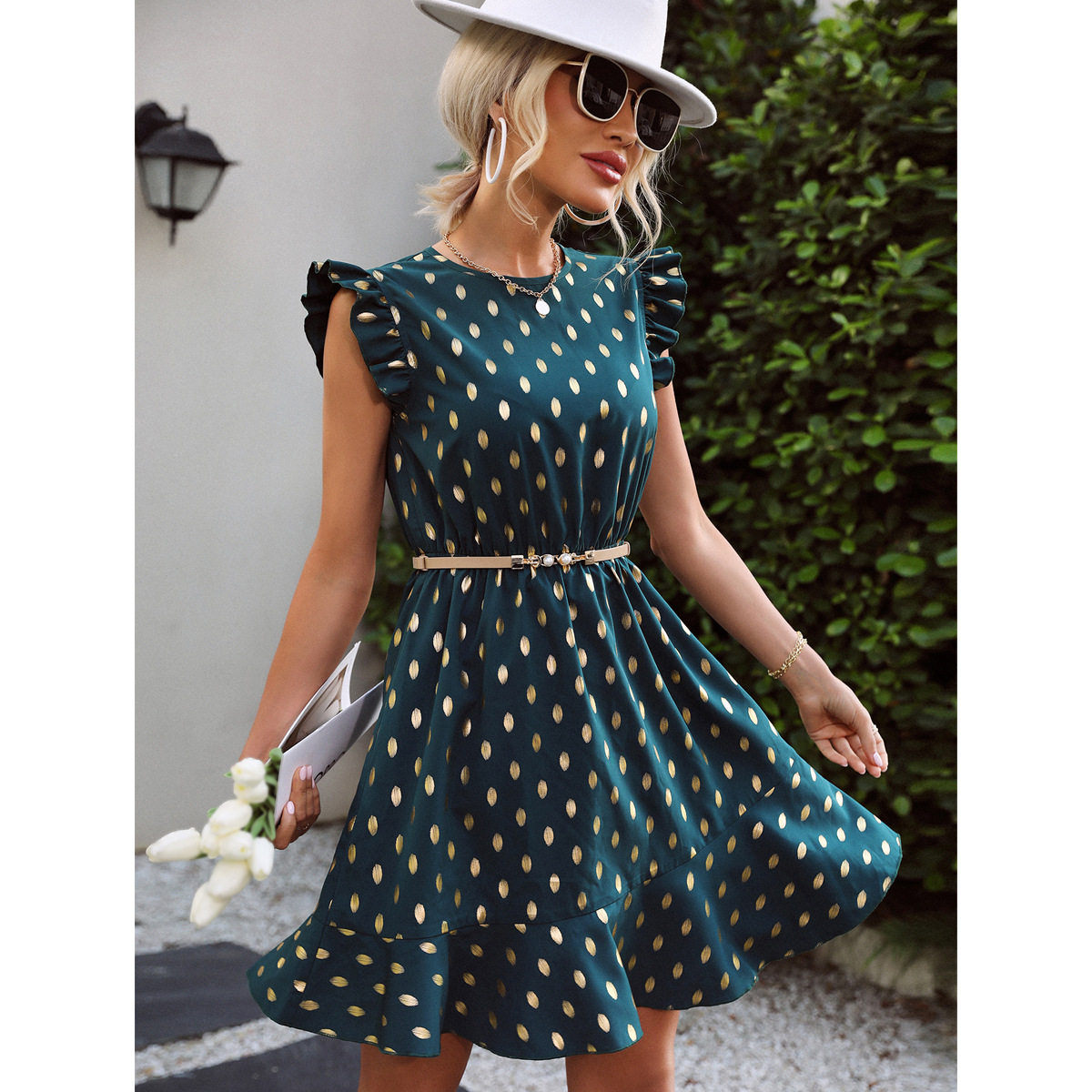 Sleeveless Polka Dot Dress Elegant Round Neck Chic Commuter Style Perfect for Spring and Summer Wholesale Available