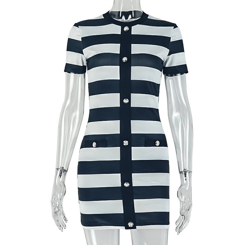 Black and White Striped Print Bodycon Dress Short Sleeve Round Neck Slim Fit Casual Chic for Summer Wholesale