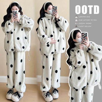in stock Real Shot Maternity Clothes fleece-lined Coral Fleece Casual fleece-lined Pregnant Women suit Home Clothes