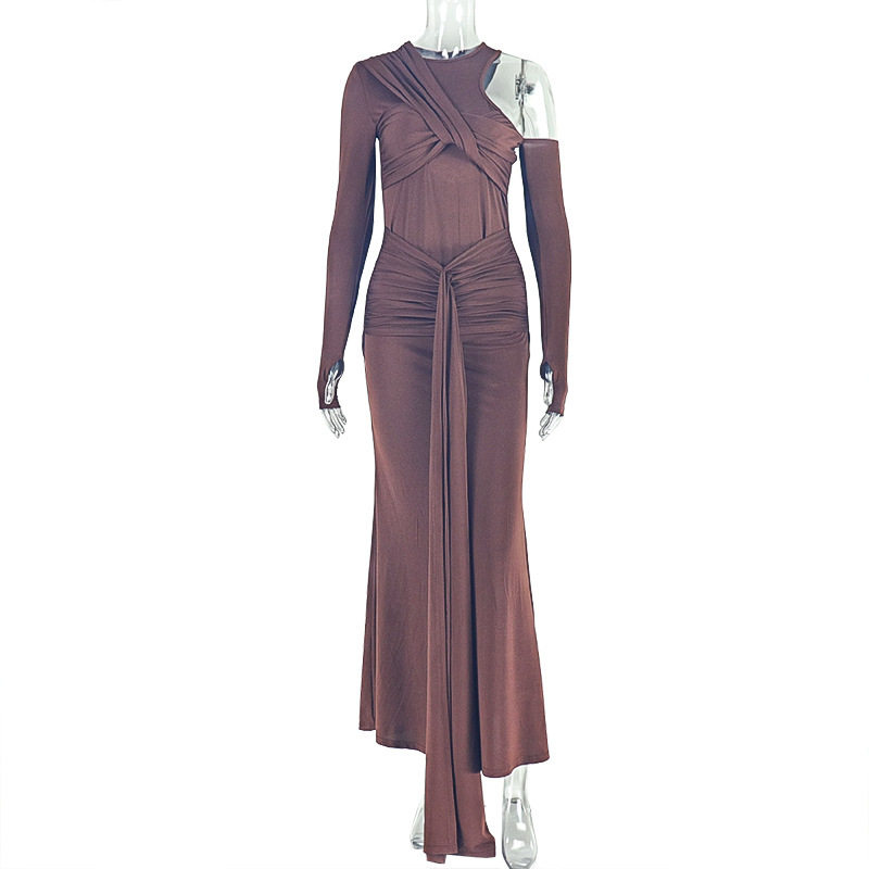 One Shoulder Long Sleeve Bodycon Dress Hollow Out Round Neck Solid Color Tie Detail Elegant Evening Wear Wholesale
