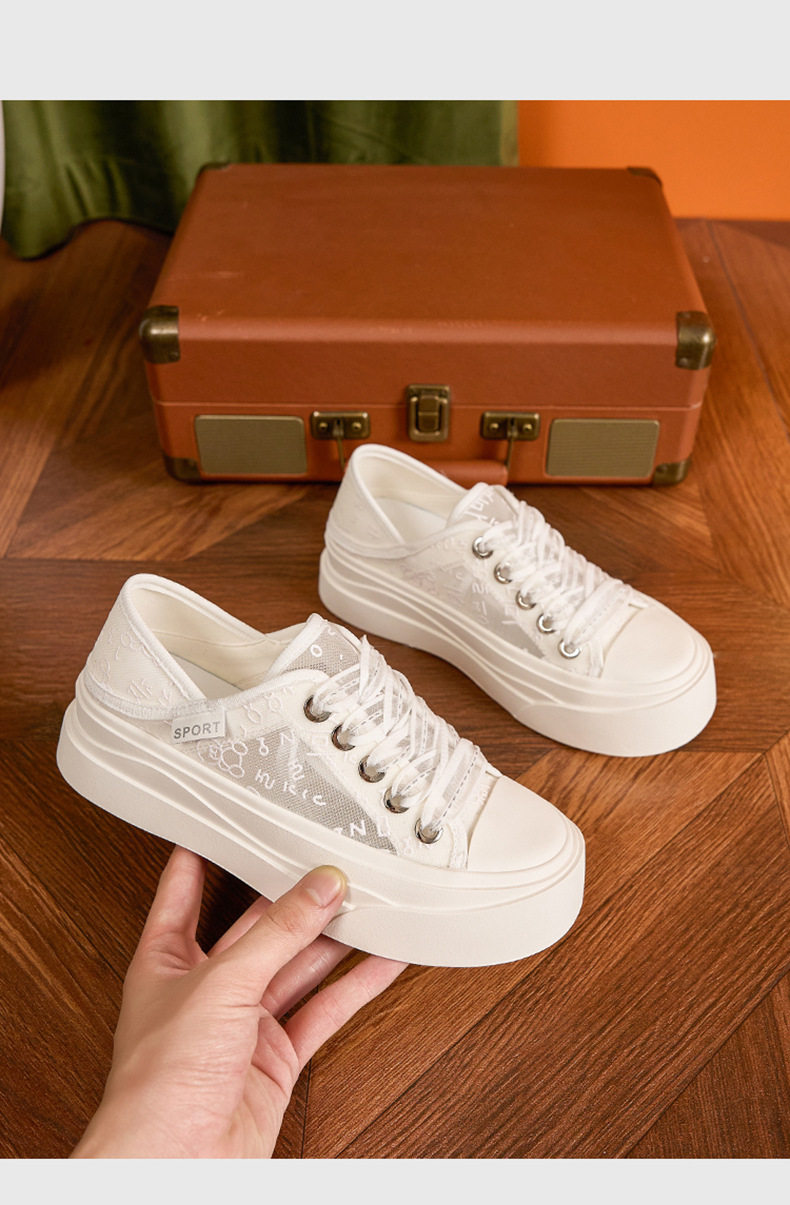Giày sneaker nữ chạy bộ mesh thoáng khí đế phẳng — Trắng, Mơ chi tiết 12