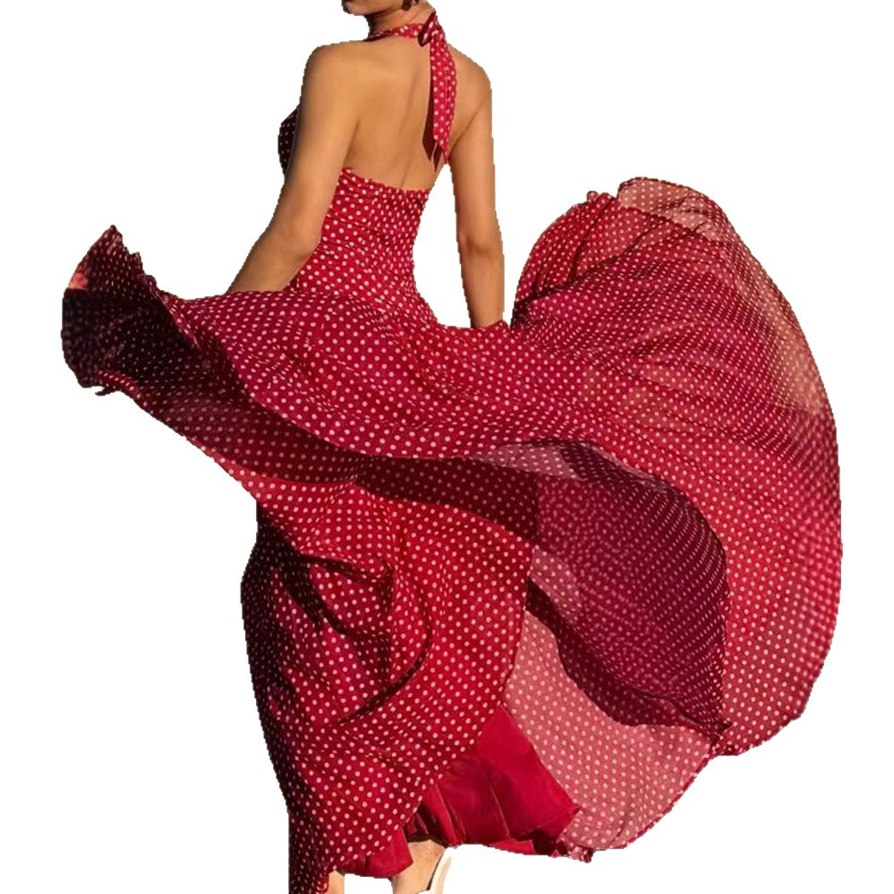 Polka Dot Watermark Backless Dress Slim Fit Halter Neck Elegant Style Summer Collection Wholesale Available