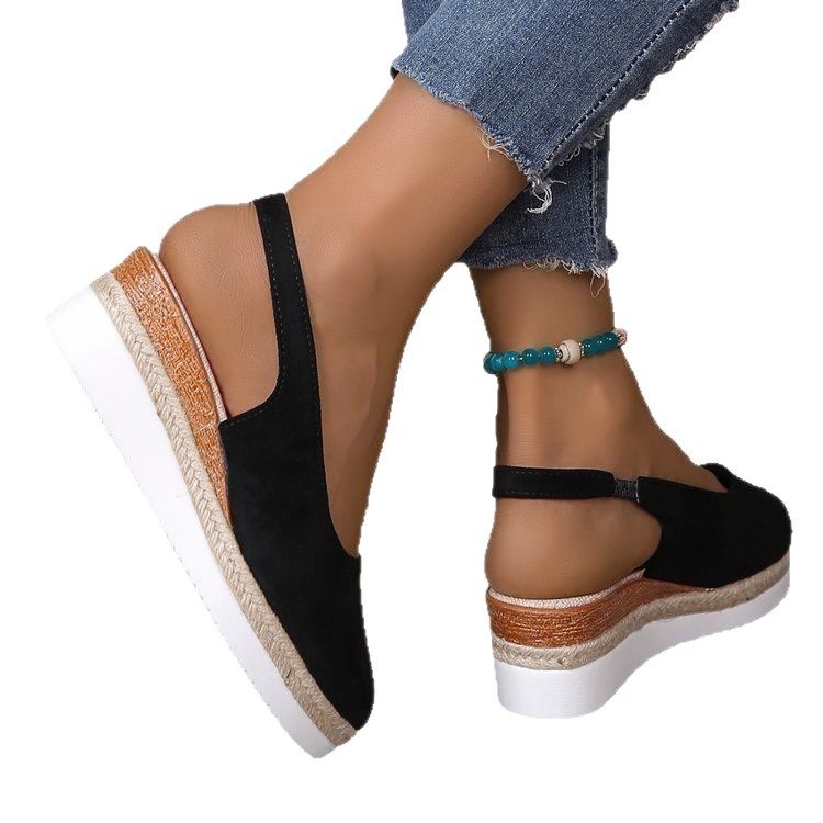 Spring and Summer Baotou Wedge Hitch Buckle Sole Sandals Women's 2024 New European and American Large Size Foreign Trade Roman Sandals Women