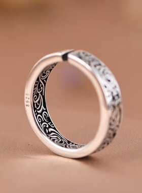 纯银戒指唐草纹复古工艺平板女款