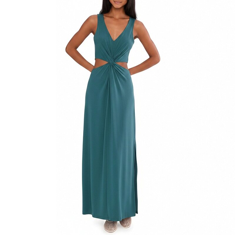 Summer Long Dress for Women Elegant V Neck Solid Color Lightweight Fabric Perfect for Casual or Formal Occasions