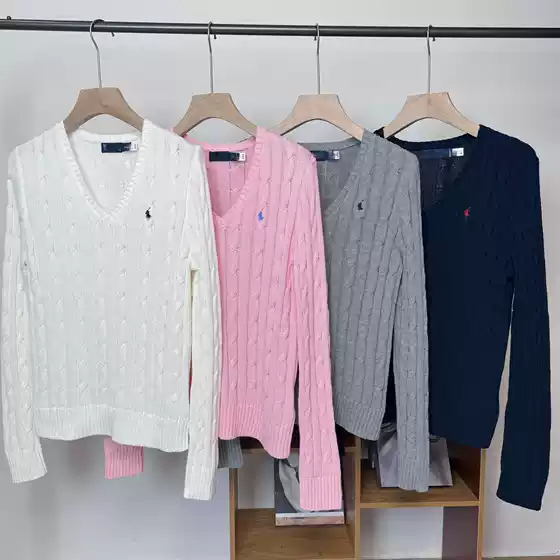 High Quality/Classic 25 Spring & Fall Pony Embroidered V Neck Pure Cotton Hemp Pullover Sweater Long Sleeves for Women