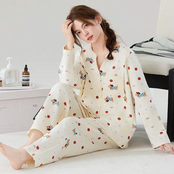 Class a Antibacterial Pure Cotton Maternity Confinement Clothes Autumn and Winter Long-Sleeved Postpartum Breastfeeding Large Size Pull-Up Cotton Pajamas