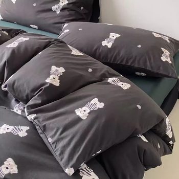 Ins Super Soft Knitted Jersey Cotton Four-Piece Set for Sleeping Naked, Cute Bear Baby Three-Piece Set, Pure Cotton Type a Fitted Sheet Bedding