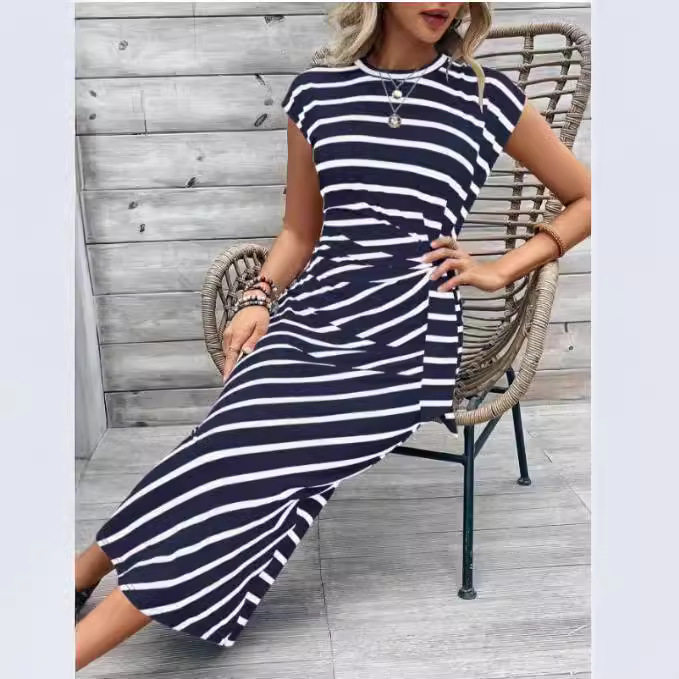Elegant Striped Maxi Dress Waist Tie Short Sleeve Round Neck Summer Fashion for Women Wholesale Available