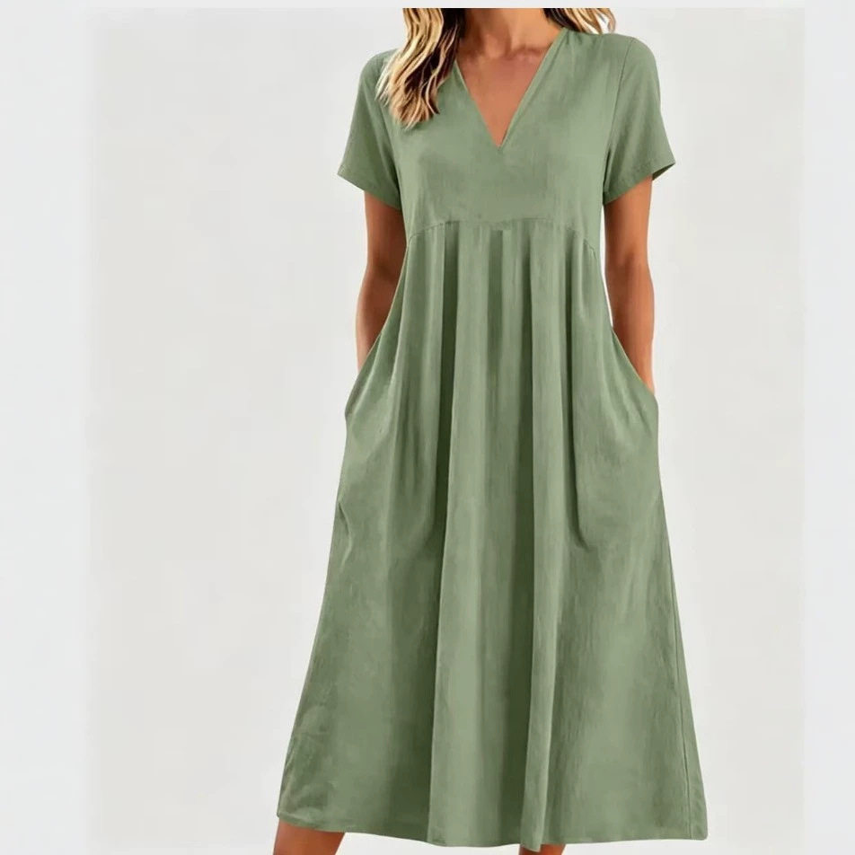 Womens Casual Loose V Neck Short Sleeve Dress Solid Color Spring Summer Style Wholesale Availability