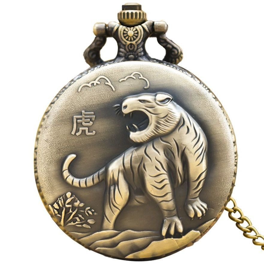 Source Factory Twelve Zodiac Retro Commemorative Pocket Watch Electronic Flip Necklace Hanging Watch Hollow Large Dial Elderly Watch