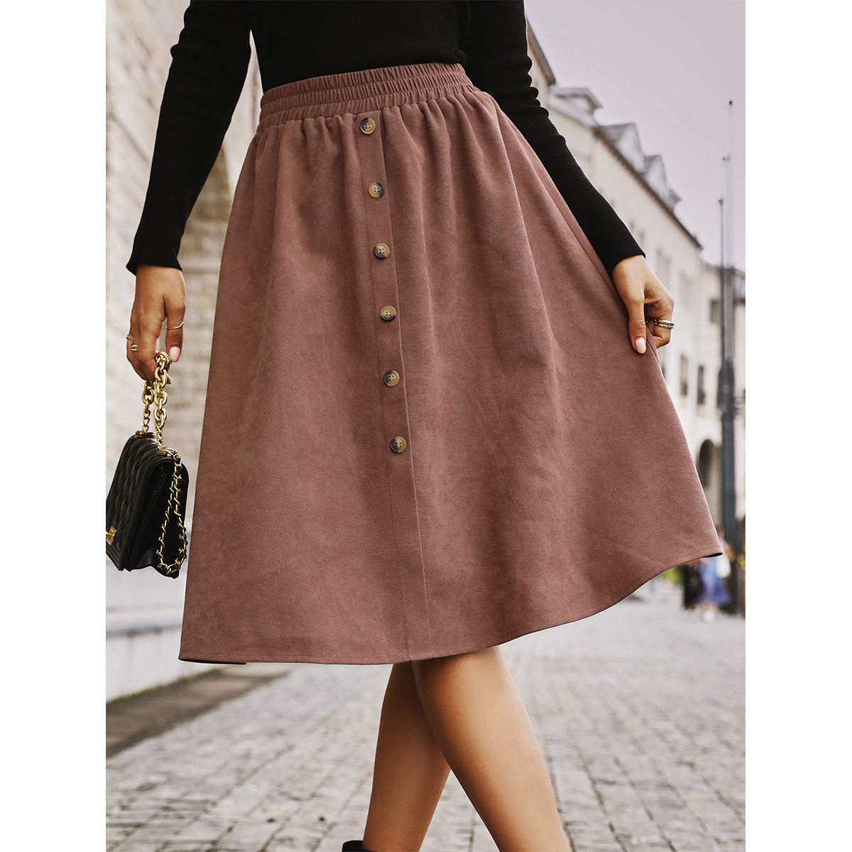 A Line Midi Skirt Button Detail Elastic Waist Fall Fashion Casual Wear for Women Wholesale Available