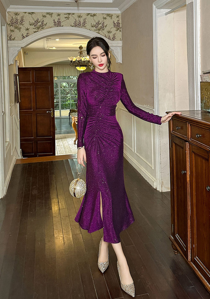 Đầm Dự Tiệc Nữ Dáng Ôm Thiết Kế Cổ Điển Xếp Ly Che Bụng Xẻ Tà Lấp Lánh Màu Nâu, Tím chi tiết 13