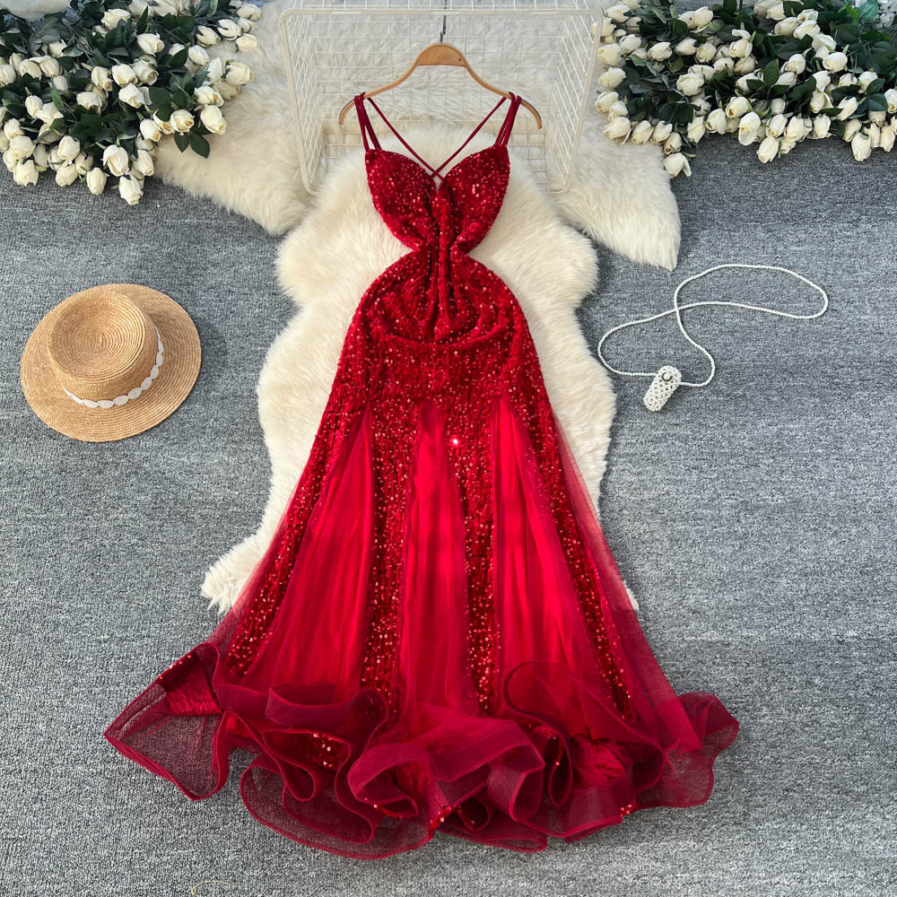 Elegant Womens Evening Dress Slimming Waist Design Sheer Mesh Sequin Velvet Spaghetti Straps Perfect for Formal