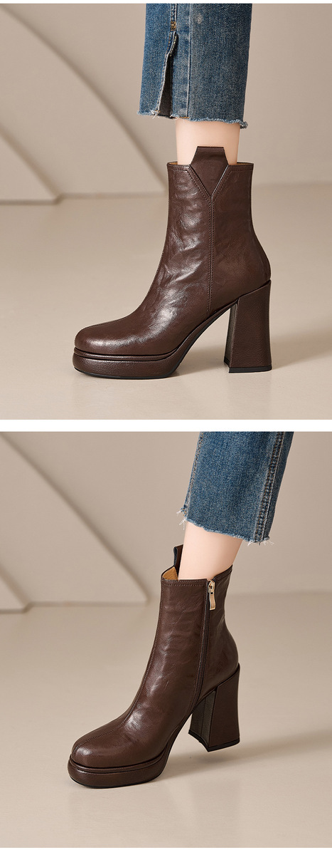 Boot nữ cổ thấp gót thô 10cm khoá kéo bên hông, da bò vân mềm phong cách Anh — Lớp lót đơn màu đen, Lớp lót đơn màu nâu, Lót nhung đen, Lót nhung màu nâu