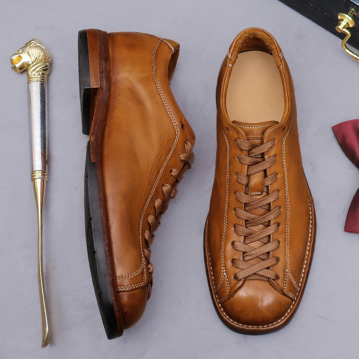 Giày da nam cổ thấp buộc dây dài kiểu boxer cổ điển, mũi tròn, đế khâu Goodyear — màu đen, Màu caramel