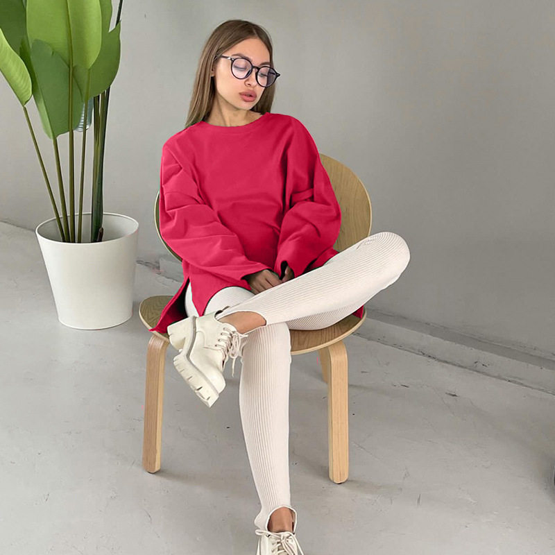 Loose Fit Long Sleeve Split T Shirt for Women 100 Cotton Solid Color Casual Style Spring Summer Collection