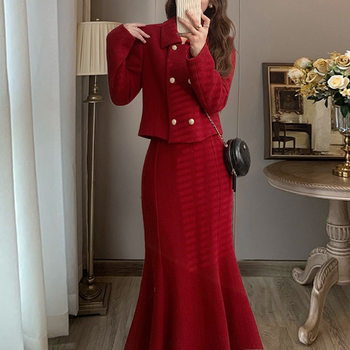Thick Woolen Suit 2025 Autumn and Winter New Korean Style Slim-Fit Small Jacket with Hip-Hugging Fishtail Skirt Two-Piece Set Homecoming Outfit