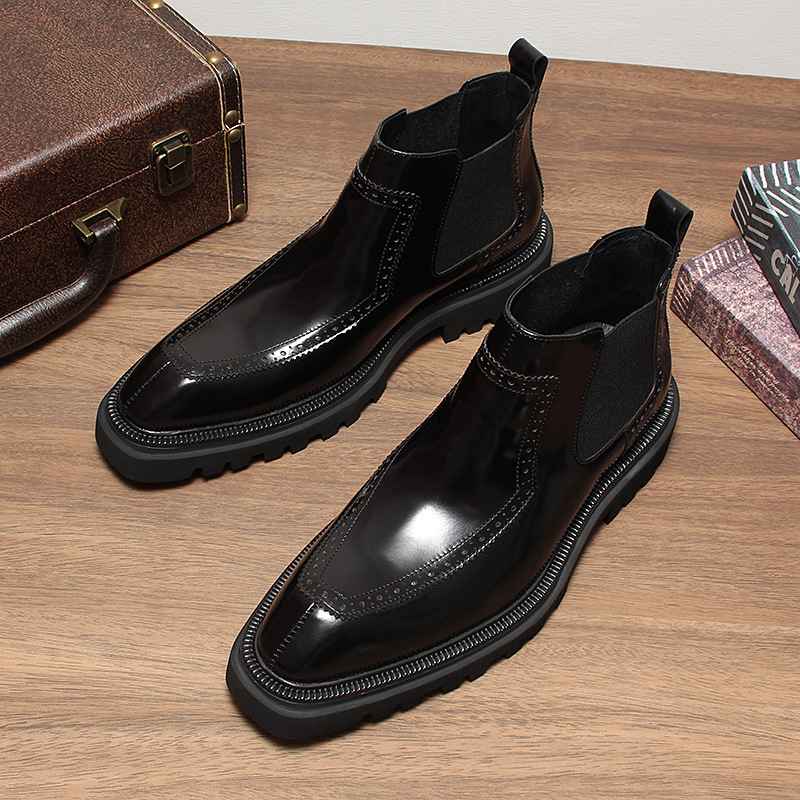 Boot Chelsea nam da bò thật mũi nhọn đế dày tăng chiều cao giữ ấm — Màu đen lót da, Màu nâu lót nhung, Màu nâu lót da