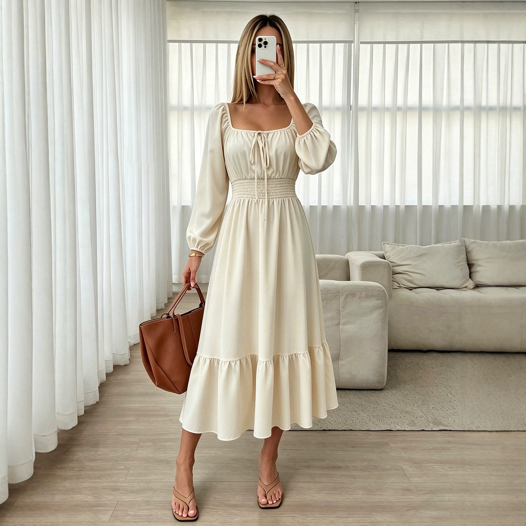 Square Neck Long Sleeve Dress for Women Puff Sleeves Waist Tie Ruffled Hem Slim Fit Perfect for Spring and Summer