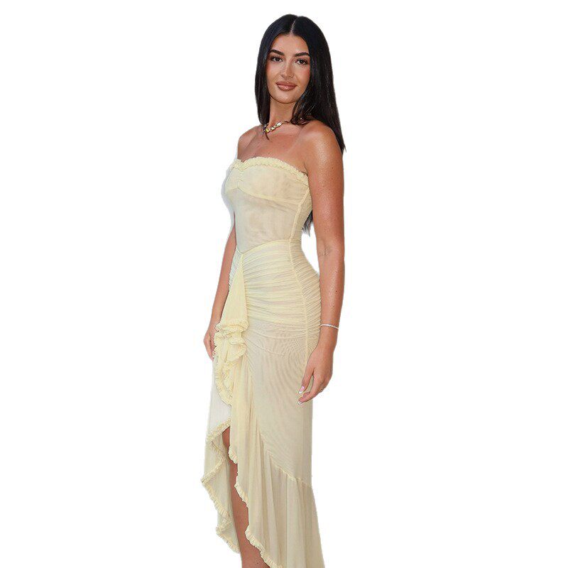 Spring Womens Dress Solid Color Ruffled Hem Sexy Strapless Bodycon Side Slit Perfect for Parties and Events