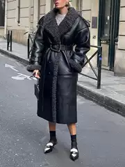 Street Style Trench Coat for Women, 2026 Autumn New Model, Fleece-Lined and Thickened, Designer Long Leather Coat for Women