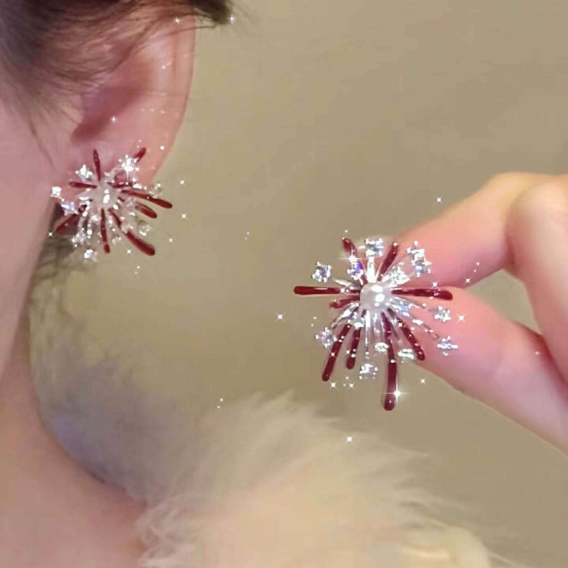 Red Fireworks Exploding Zircon Pearl Earrings Women's