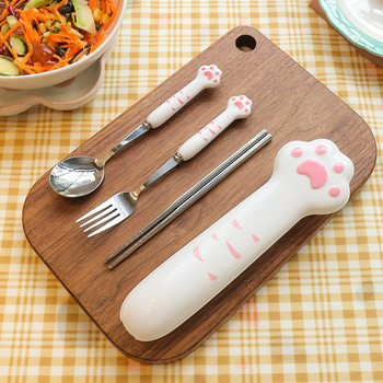 Chopsticks Spoon Set Student Stainless Steel Portable Tableware Three-piece Set Children's Fork Single Office Workers' Storage Box