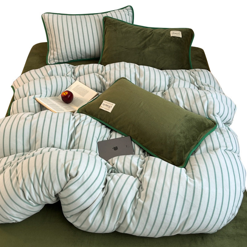 2025 New Autumn and Winter Thickeneded Milk Velvet Stripesd Four-Piece Set Winter Warm Thickeneded Velvet Bedding Set