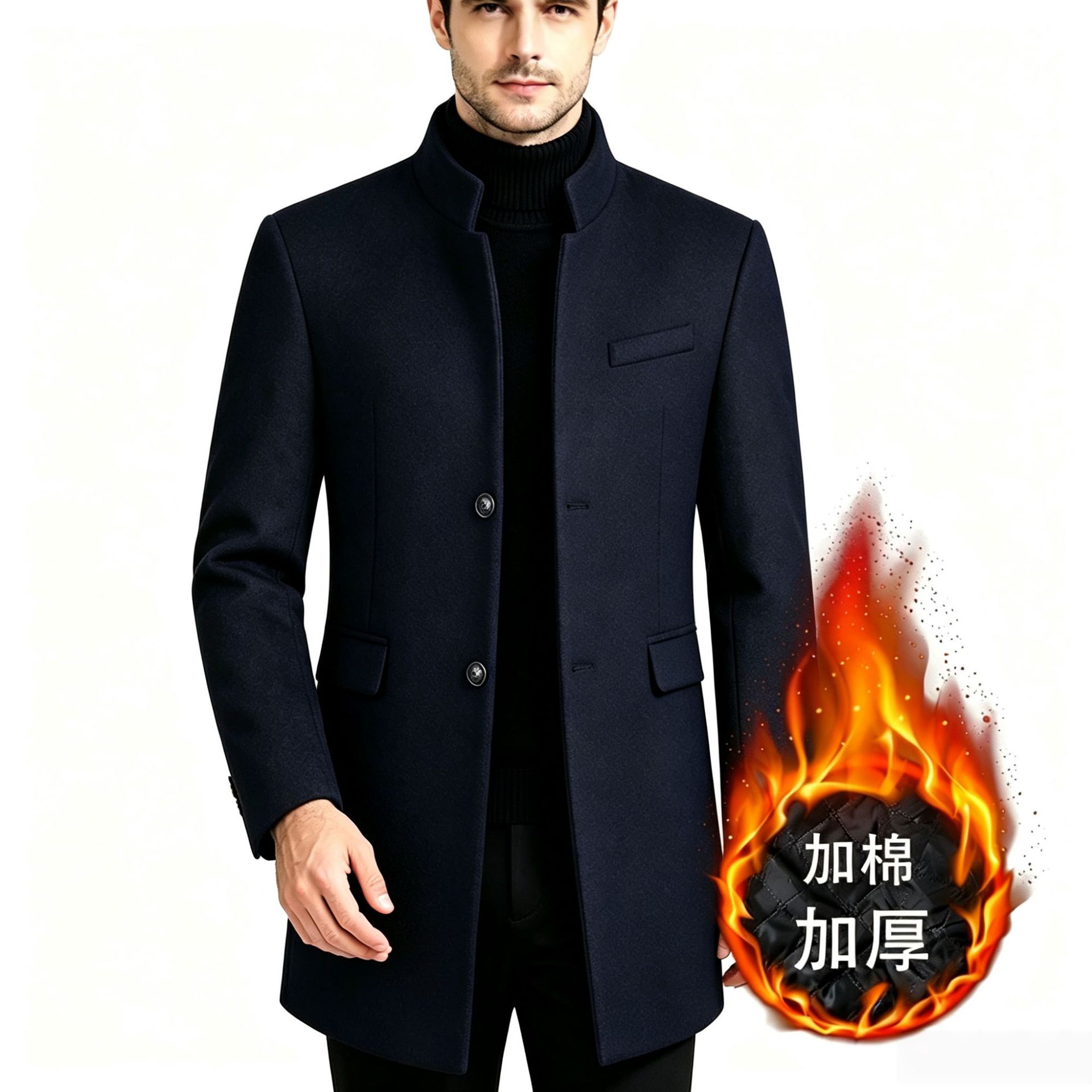 Mens Wool Blend Overcoat Thickened Mid Length Warm Stylish Autumn Winter Outerwear Wholesale Available