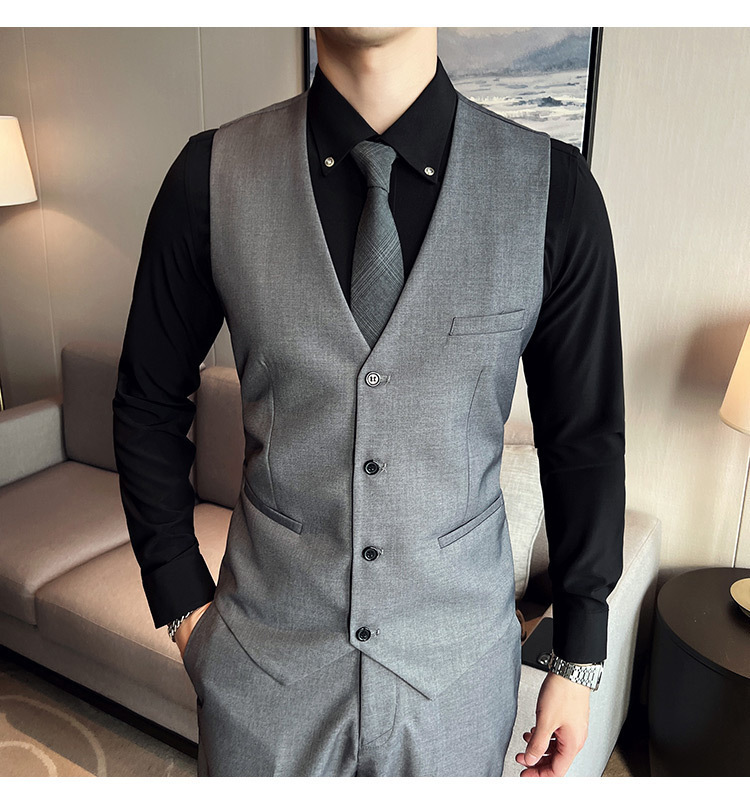 Bộ vest nam ôm dáng ba món phong cách công sở và dự tiệc cưới — Màu xám (áo một nút + áo vest + quần), Màu xanh navy (áo một nút + vest + quần), Màu xám (áo một nút + quần), Màu xám (áo đơn một nút)