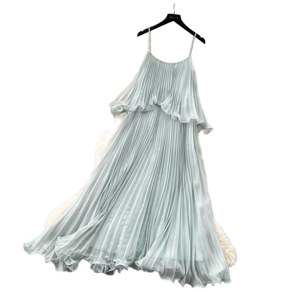 Summer Womens Light Blue Ruffled Hem Sleeveless Maxi Dress High Waist Pleated Flattering Fit Vacation Style