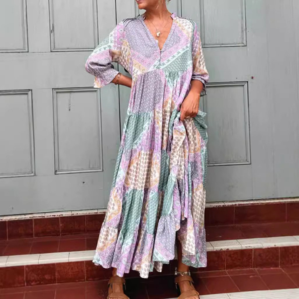 V Neck Color Block Casual Maxi Dress Summer Style Loose Fit Comfortable Fabric Wholesale Available
