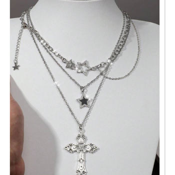 European and American Small Jewelry Sweet Star Cross Multi-Layer Clavicle Chain Full Diamond Pendant Zircon
