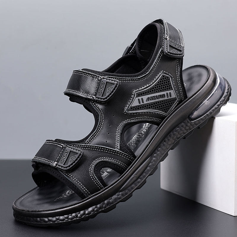 Dép Sandal Nam Da Bóng Quai Dán Đế Khí Chiều Cao Đế Khoảng 4cm Màu Đen