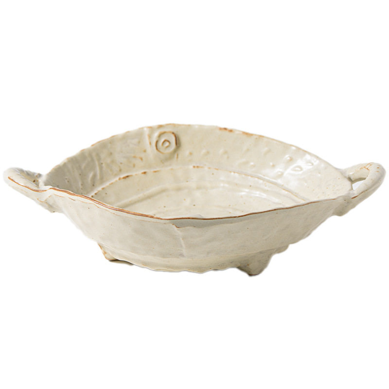 Japanese-Style Retro Coarse Pottery Irregular-Shaped Double-Handle Ribbed Bowl and Chopsticks with an Aged Look, Soup Plate, Curry Rice Home-Use Dish Bowl, Deep Plate