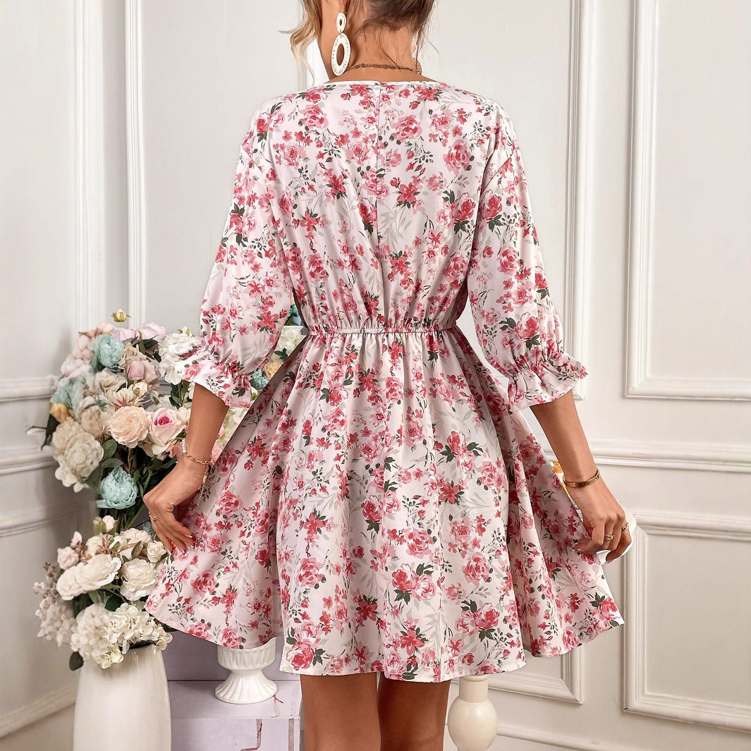 Floral Print Womens Dress Spring Ruffled Trim Tie Waist Color Block Design Casual Wear Wholesale Available