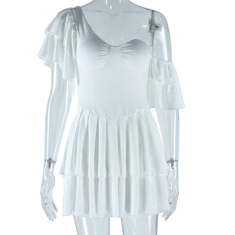 European Style Asymmetrical Ruffled Neck Short Sleeve Dress Solid Color Pleated Design Cake Hem Winter Fashion