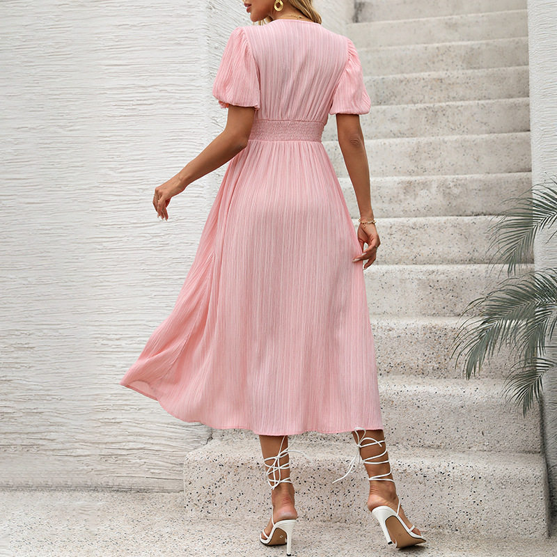 High End Pink Puff Sleeve Dress Elegant Design Perfect for Valentines Day or Special Occasions Wholesale Available