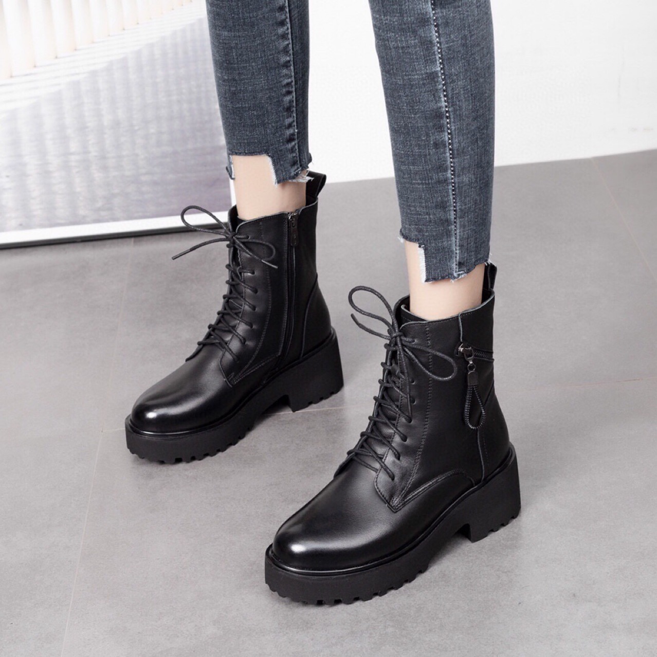 Mã D3705 Giá 1610K: Boot Cổ Thấp Nữ Torehu Gót Vuông Hàng Mùa Xuân Thu Đông Đế Cao Giày Dép Nữ Chất Liệu Da Bò G05 Sản Phẩm Mới, (Miễn Phí Vận Chuyển Toàn Quốc).