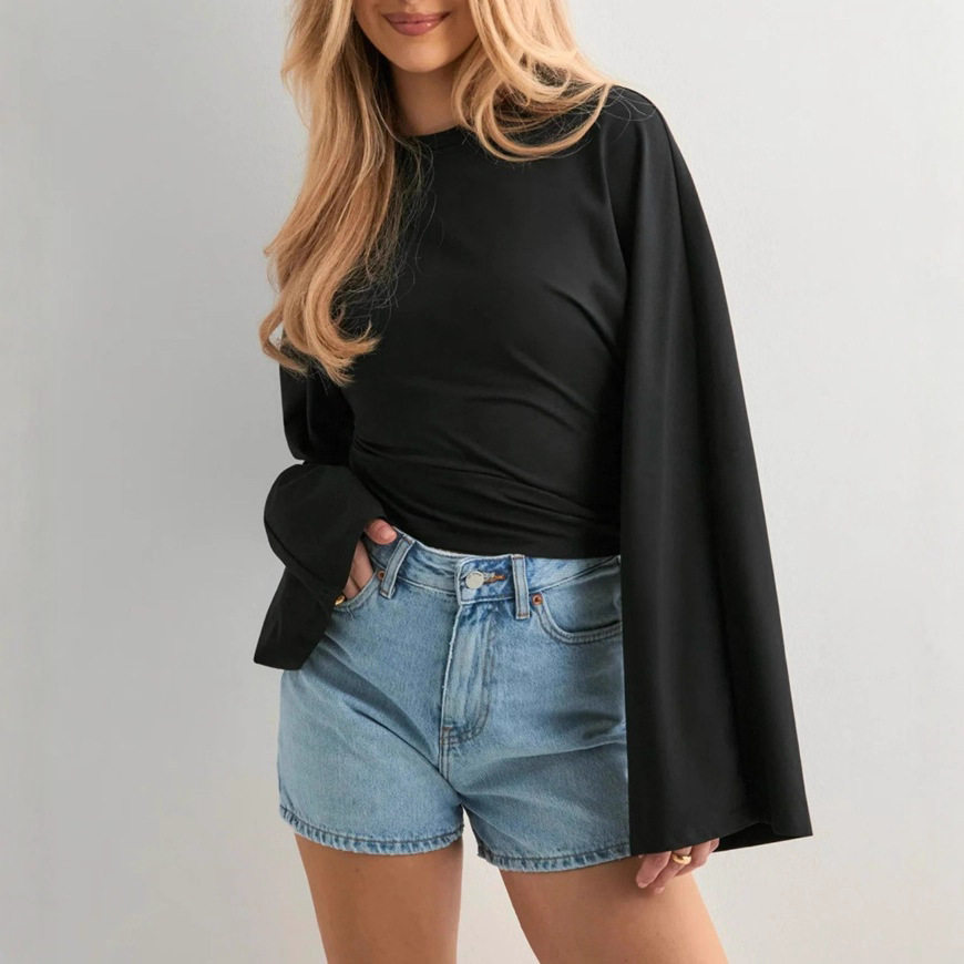 Womens Casual Long Sleeve Top Solid Color Waist Defined Round Neck Autumn Collection Wholesale Available
